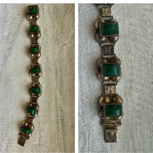 Mexican Sterling Silver Jade/Green Onyx Vintage 50s Link Bracelet Mid Century